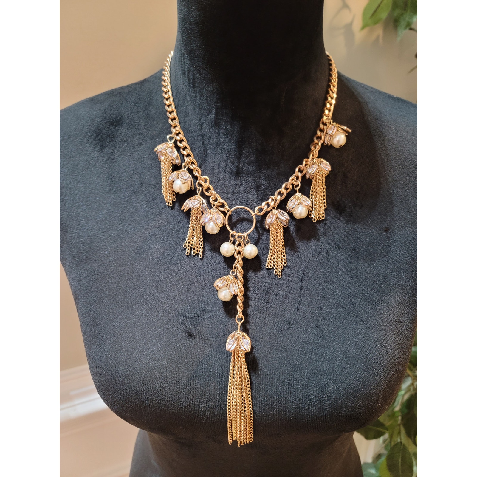 Womens Gold Tone Chain Tassel Pearl Statement Necklace With Lobster Clasp